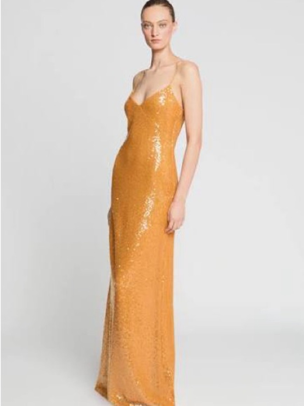 Halston Heritage Gold Sequin Spaghetti-Strap Evening Gown